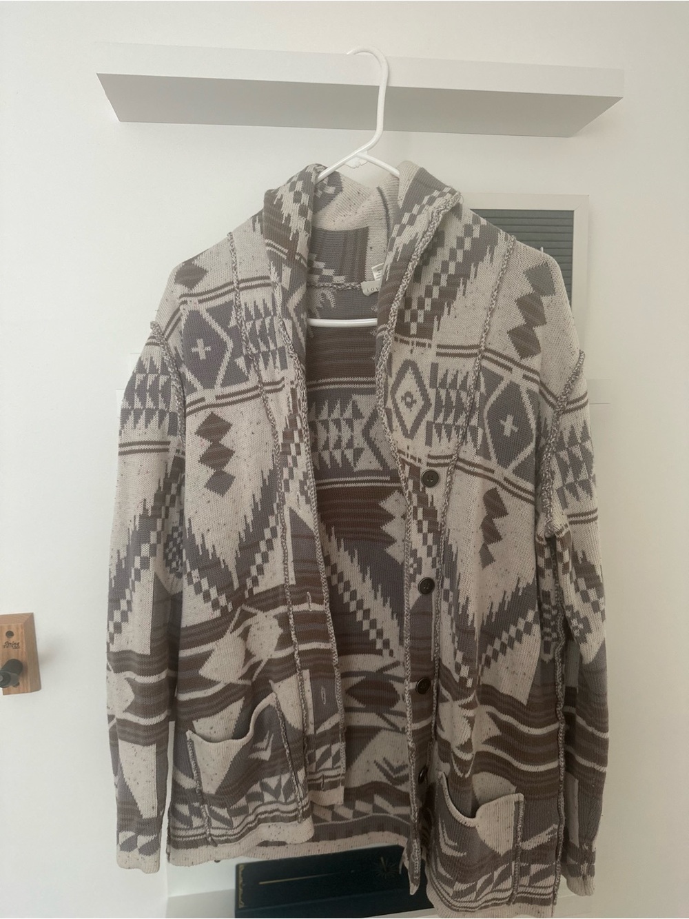 lovestitch Aztec Pattern Open Front Cardigan in Taupe & Cream